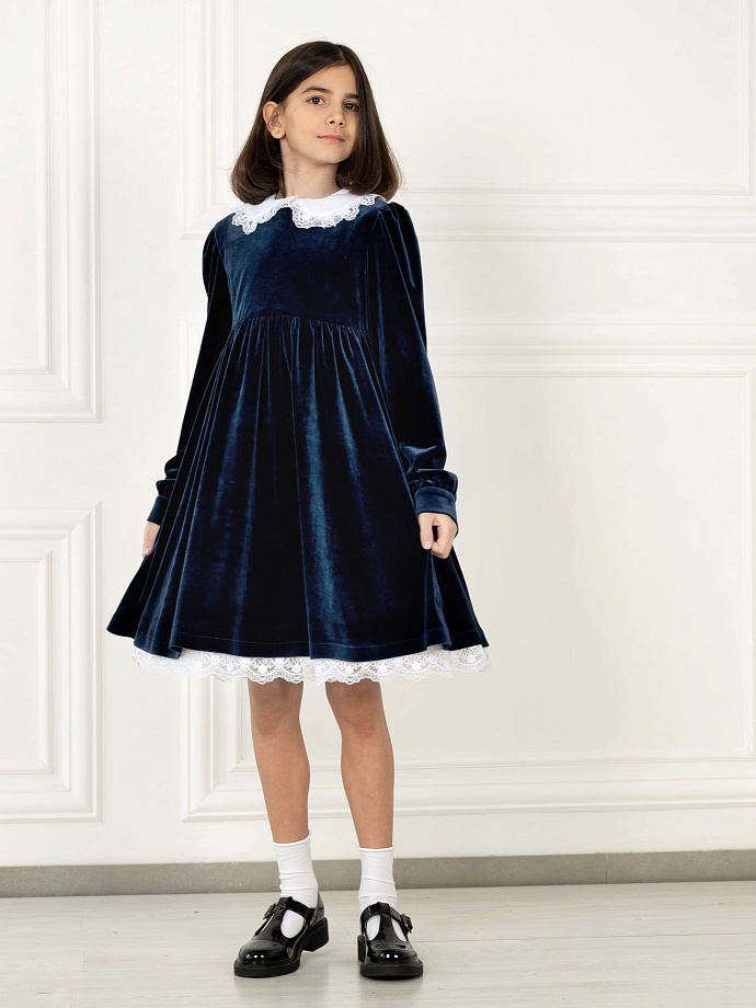 Двойное платье: бархатное верхнее и нижнее из хлопка с кружевной отделкой в цвете: Синий Ole! Twice - фото 1