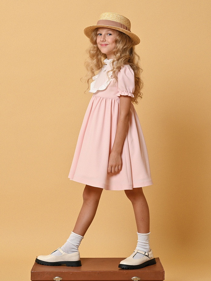 Платье креп с манишкой в горошек, короткий рукав в цвете: Персиковый Ole! Twice - фото 8