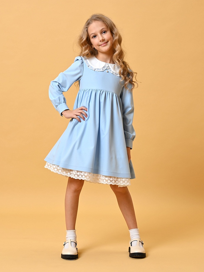 Платье  с белым воротником и кружевом по низу в цвете: Голубой Ole! Twice - фото 9