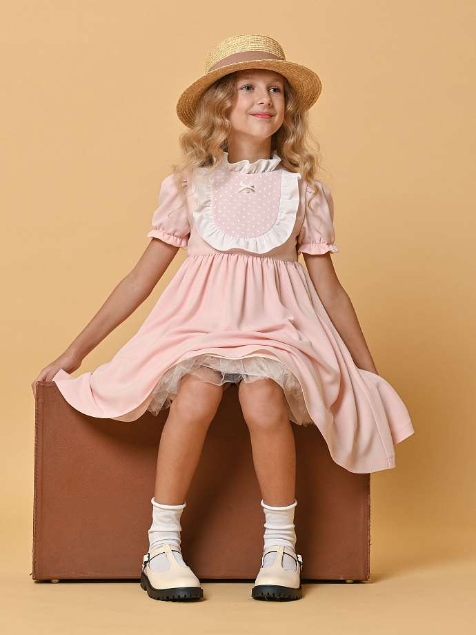 Платье креп с манишкой в горошек, короткий рукав в цвете: Персиковый Ole! Twice - фото 2