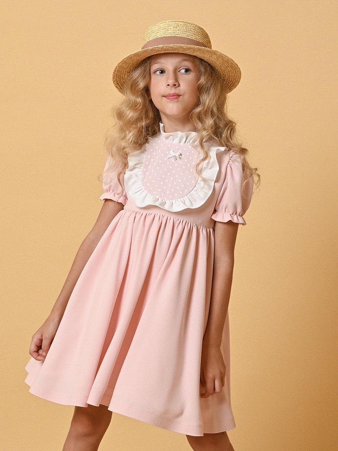 Платье креп с манишкой в горошек, короткий рукав в цвете: Персиковый Ole! Twice - фото 9