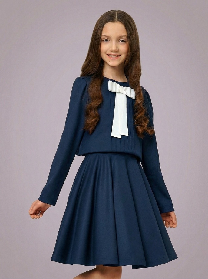 Комплект блуза со СЪЕМНОЙ  брошью из репса  и юбка-солнце в цвете: Синий Ole! Twice - фото 1