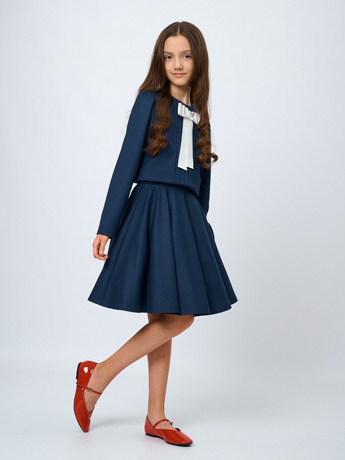 Комплект блуза со СЪЕМНОЙ  брошью из репса  и юбка-солнце в цвете: Синий Ole! Twice - фото 5