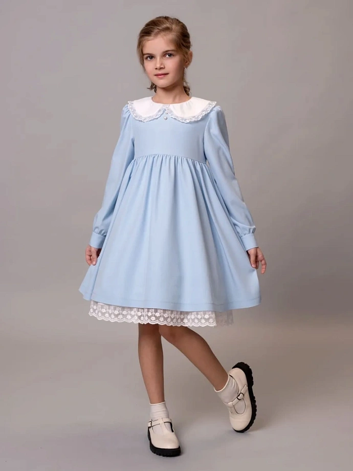 Платье  с белым воротником и кружевом по низу в цвете: Голубой Ole! Twice - фото 1