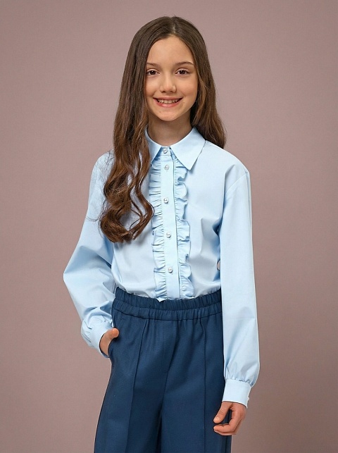 Блуза с оборкой по планке из смесового хлопка