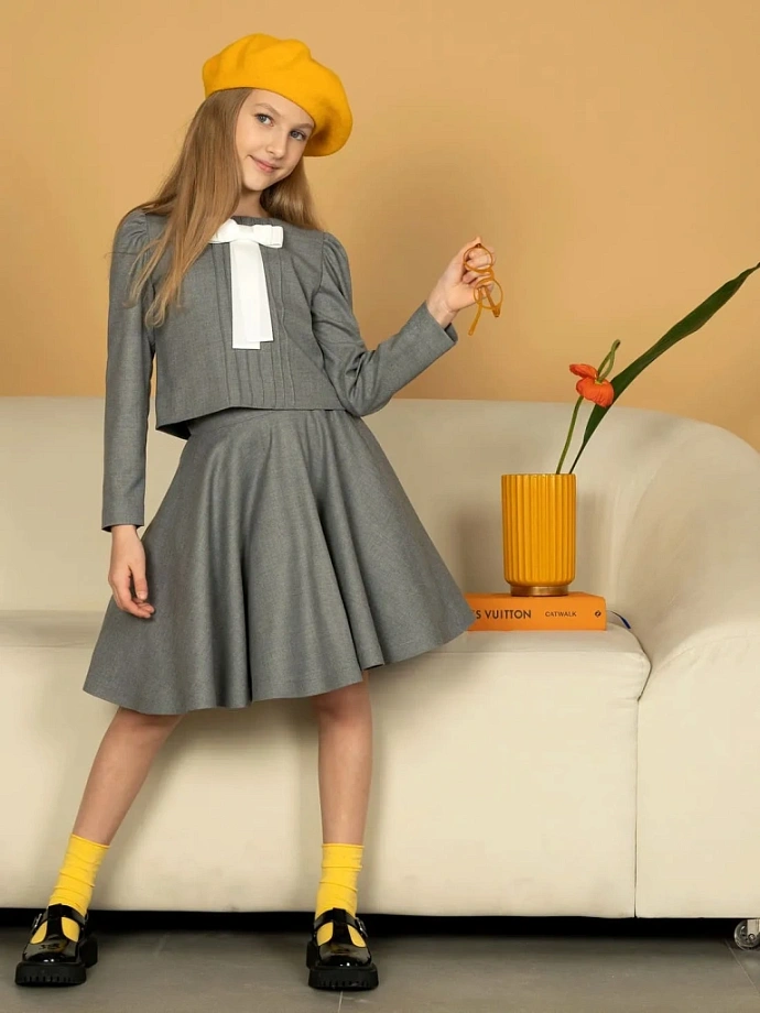Комплект блуза со СЪЕМНОЙ  брошью из репса  и юбка-солнце в цвете: Серый Ole! Twice - фото 1
