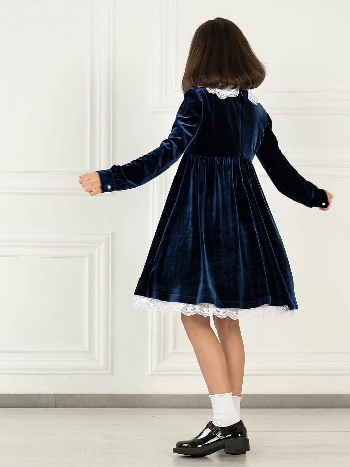 Двойное платье: бархатное верхнее и нижнее из хлопка с кружевной отделкой в цвете: Синий Ole! Twice - фото 2